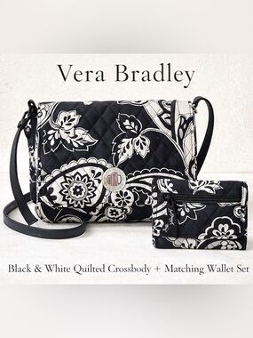 Vera Bradley Black & White Quilted Crossbody + Matching Wallet Set